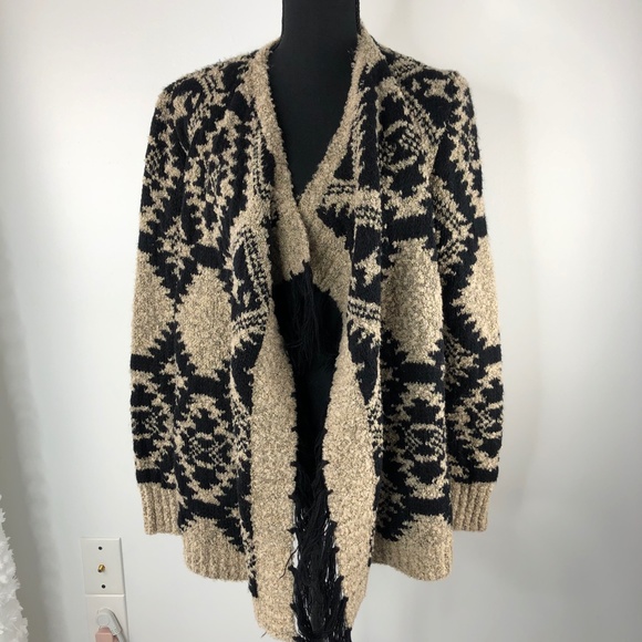 Cato Sweaters - Cato XL Black & Tan (with gold shimmer) Fringe Cardigan / Sweater